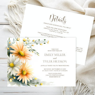 Invitación Boda de Margaritas Naranjas y Blancas Todo en Uno