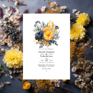 Invitación Boda de Marigold Amarillo, Azul Marino y Gris Piza