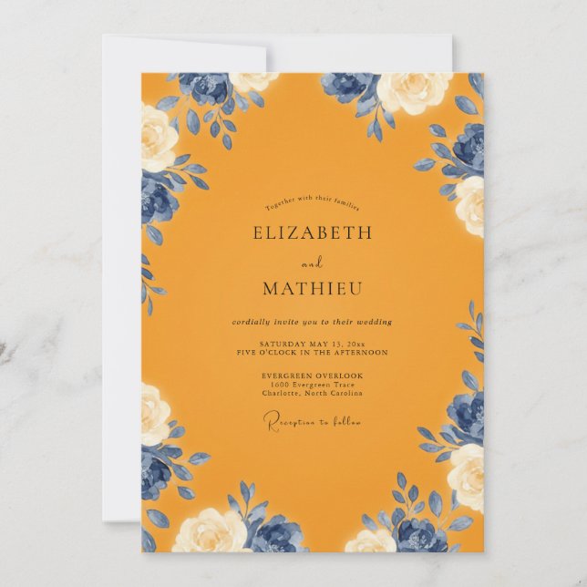 Invitación Boda de Marigold Indigo Ranunculus Eucalyptus (Anverso)