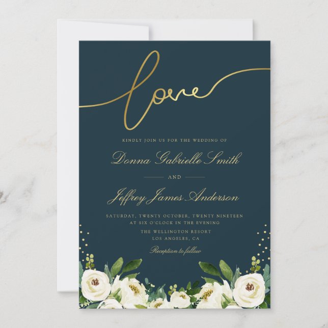 Invitación boda de marina floral de jardín blanco con guión d (Anverso)