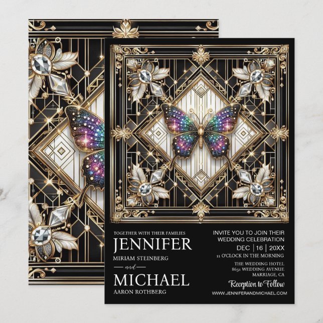 Invitación Boda de Mariposa Arcoíris Art Deco de Lujo (Anverso / Reverso)