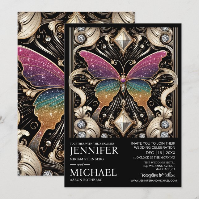 Invitación Boda de Mariposa Arcoíris Art Deco de Lujo (Anverso / Reverso)