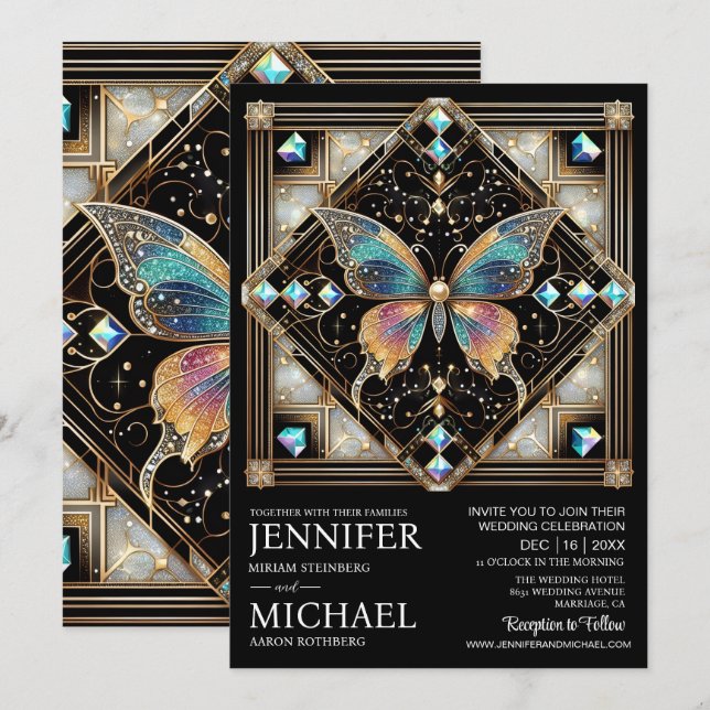 Invitación Boda de Mariposa Arcoíris Art Deco de Lujo (Anverso / Reverso)