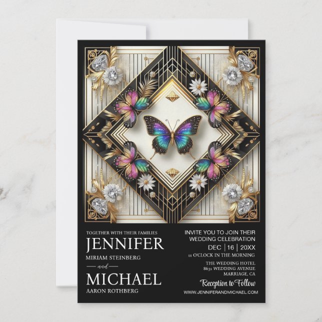 Invitación Boda de Mariposa Arcoíris Art Déco de Lujo (Anverso)
