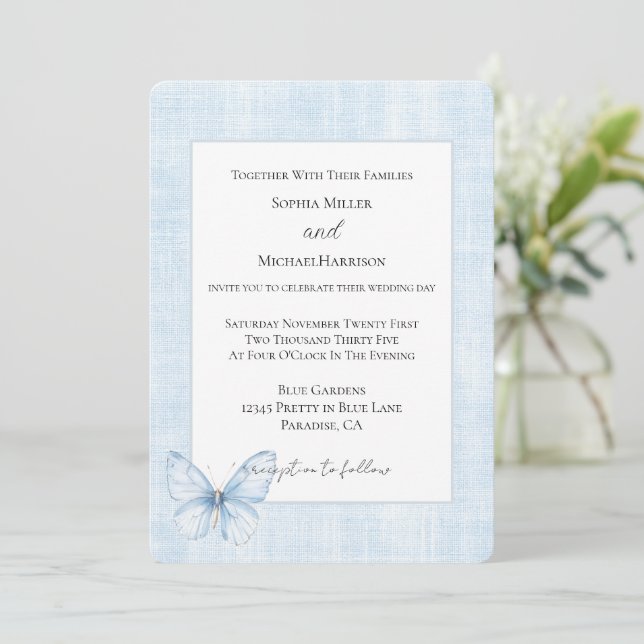 Invitación Boda de Mariposa Azul Bebé con Falso Lino (Anverso de pie)