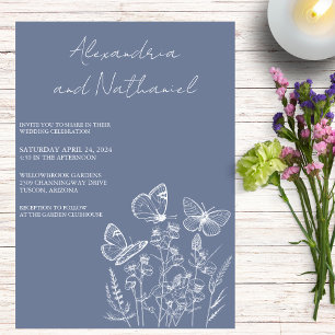 Invitación Boda de Mariposa Azul Polvoriento Moderno y Blanco