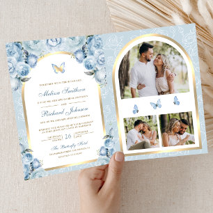 Invitación Boda de Mariposa de Arco Dorado Floral Azul Suave