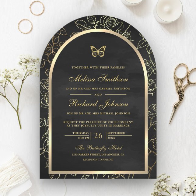 Invitación Boda de mariposa de Black Line Art Gold Arch (Subido por el creador)