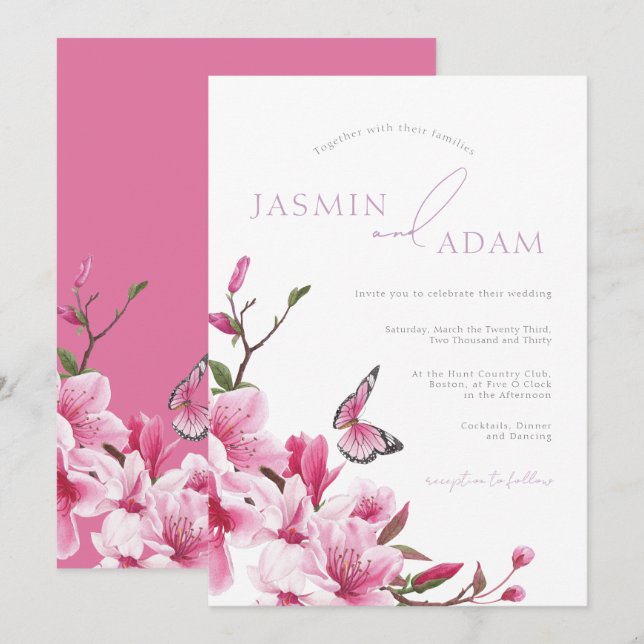 Invitación Boda de Mariposa de Flor de Rosa Romántica (Anverso / Reverso)
