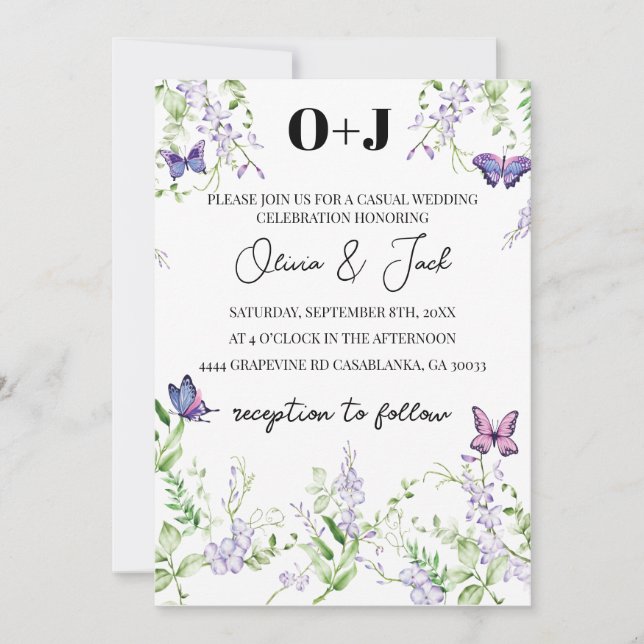 Invitación Boda de mariposa de flores de glicemia monograma (Anverso)
