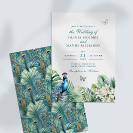 Invitación Boda de mariposa de flores tropicales de pavo real