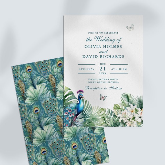 Invitación Boda de mariposa de flores tropicales de pavo real (Teal Peacock Tropical Flowers Butterfly Wedding Invitation)