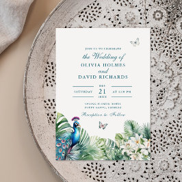 Invitación Boda de mariposa de flores tropicales de pavo real