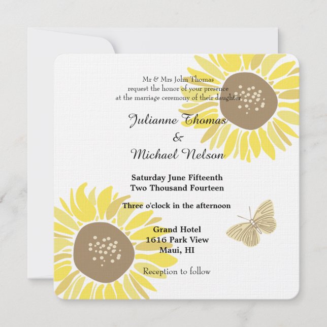Invitación Boda de mariposa de girasoles (Anverso)
