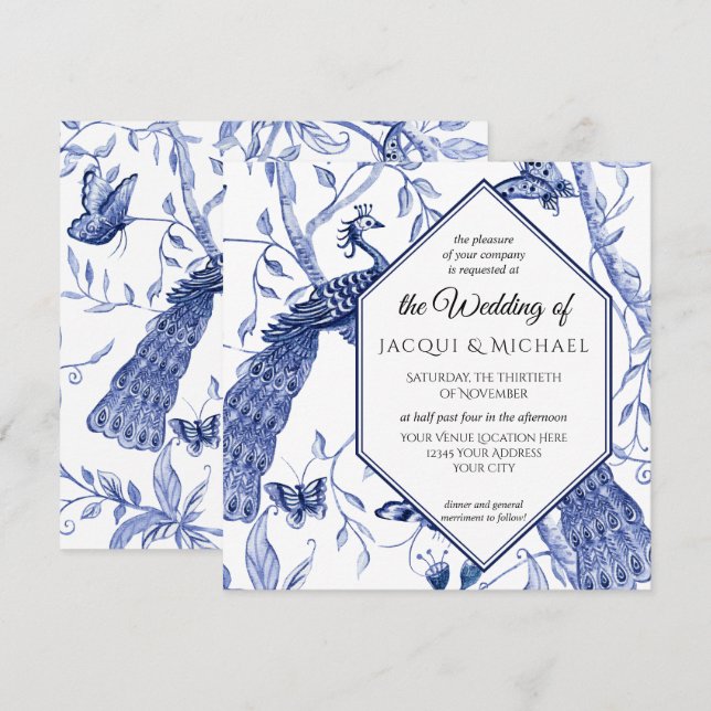 Invitación Boda de mariposa de la Marina de Chinoiserie Blue  (Anverso / Reverso)