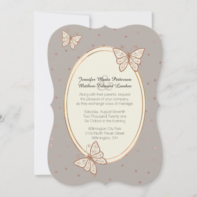 Invitación Boda de mariposa de oro de Taupe y Rosa (Anverso)