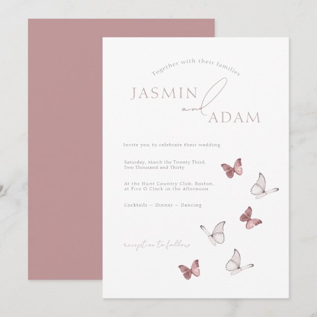 Invitación Boda de Mariposa de Rosa Elegante (Anverso / Reverso)
