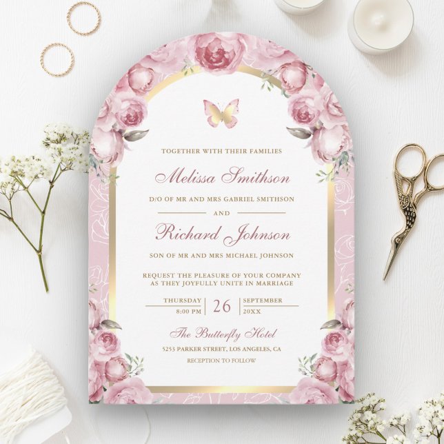 Invitación Boda de mariposa del Arco de Oro Floral Rosa de Ru (Subido por el creador)