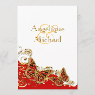 Invitación boda de mariposa dorada blanca roja