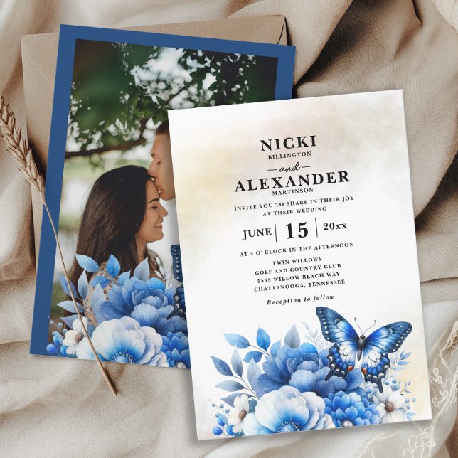 Invitación Boda de mariposa floral azul (Navy blue floral and butterfly wedding photo invitation)