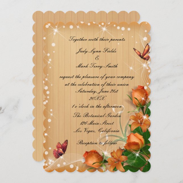 Invitación Boda de mariposa floral de madera rústica (Anverso / Reverso)