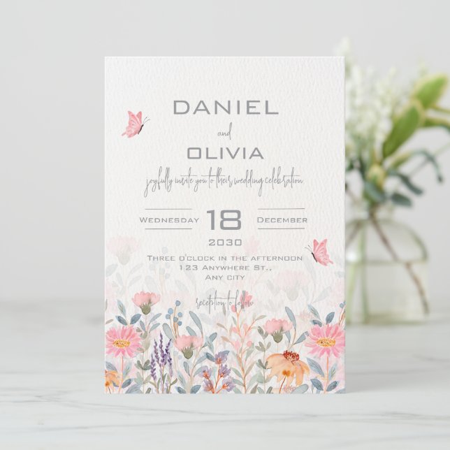 Invitación Boda de mariposa floral rosa y verde (Anverso de pie)