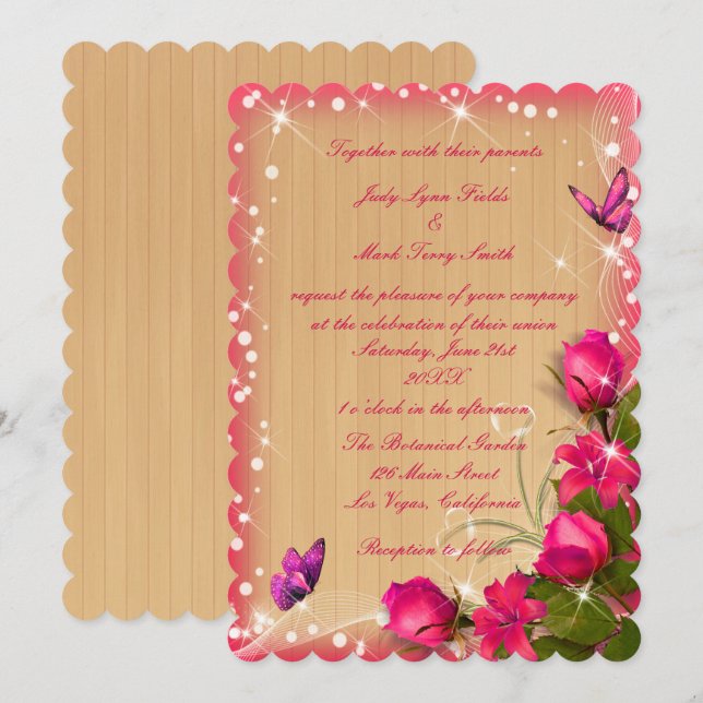 Invitación Boda de mariposa floral rosada de madera de estilo (Anverso / Reverso)