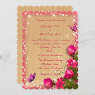 Invitación Boda de mariposa floral rosada de madera de estilo