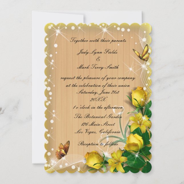 Invitación Boda de mariposa floral rubia de madera amarilla (Anverso)