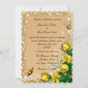 Invitación Boda de mariposa floral rubia de madera amarilla