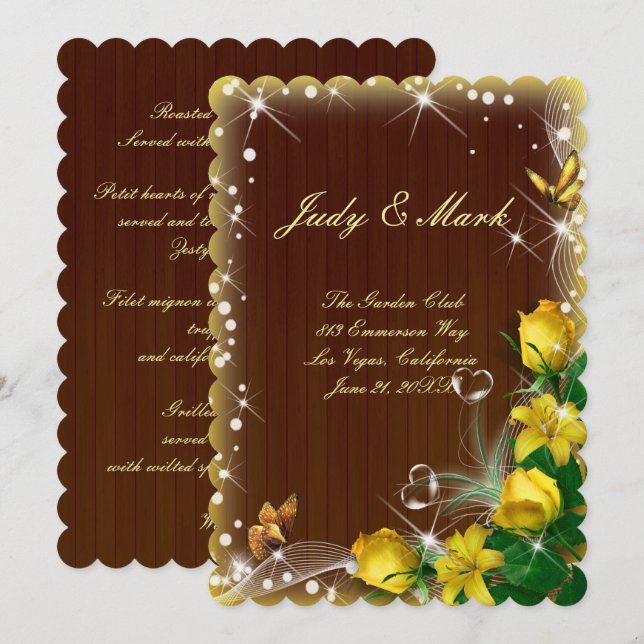 Invitación Boda de mariposa floral rubia de madera oscura ama (Anverso / Reverso)