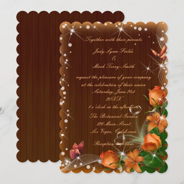 Invitación Boda de mariposa floral rustica de madera oscura (Anverso / Reverso)