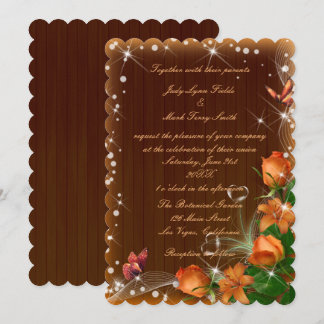 Invitación Boda de mariposa floral rustica de madera oscura