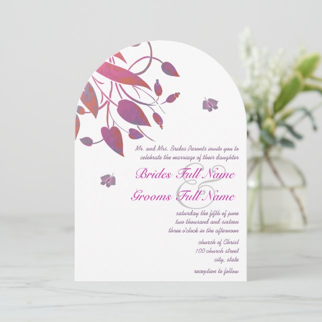 Invitación Boda de mariposa gris de color rosa púrpura (Anverso de pie)