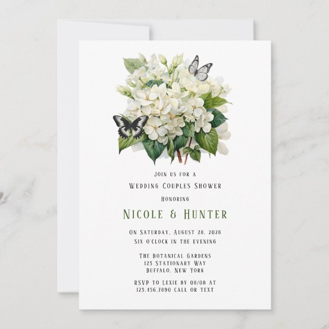 Invitación Boda de mariposa Hidrangea Blanca Ducha de Parejas (Anverso)