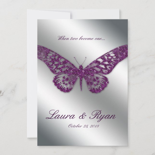 Invitación Boda de mariposa Invitar Sparkle Plata Púrpura (Anverso)