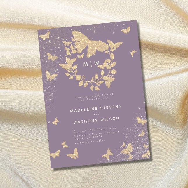 Invitación Boda de mariposa Lilac Gold Monogramas Elegante (Subido por el creador)