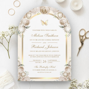 Invitación Boda de mariposa marfil-crema floral de oro