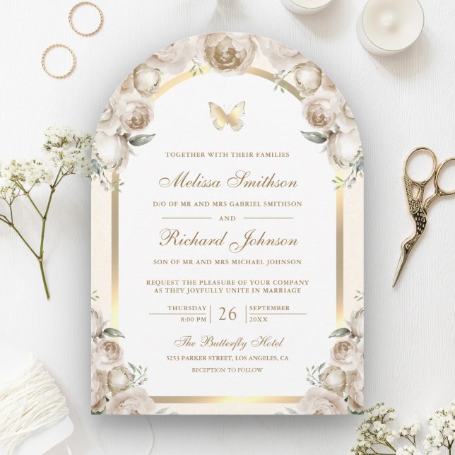 Invitación Boda de mariposa marfil-crema floral de oro (Subido por el creador)