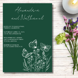 Invitación Boda de Mariposa Moderna de Verde Oscuro y Blanco 