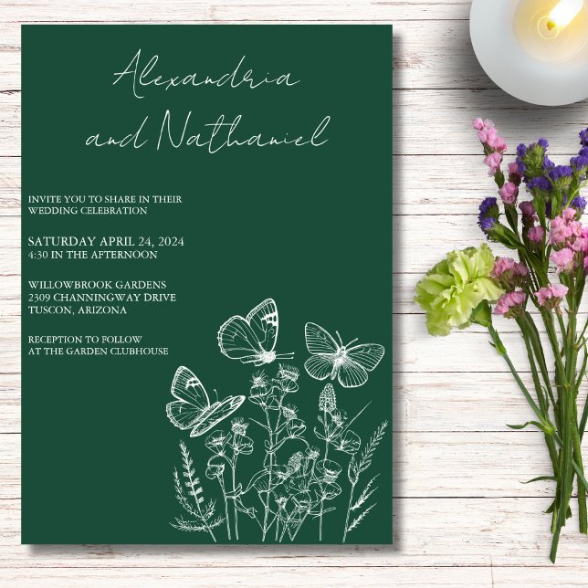 Invitación Boda de Mariposa Moderna de Verde Oscuro y Blanco  (Subido por el creador)
