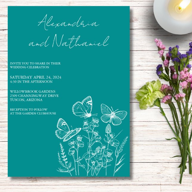 Invitación Boda de Mariposa Moderna Teal y Blanco  (Subido por el creador)