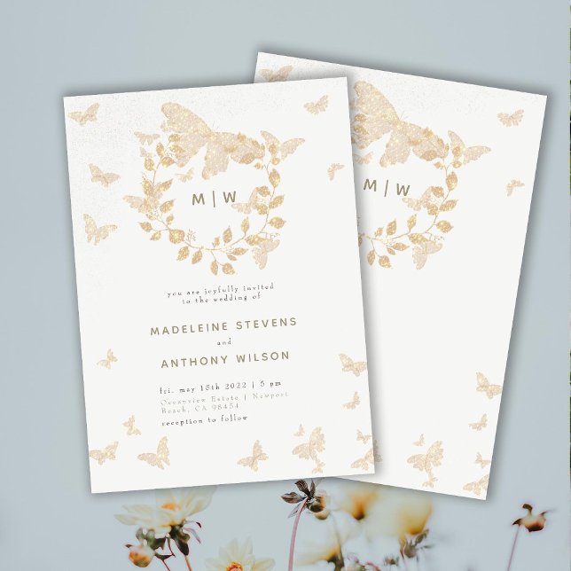 Invitación Boda de mariposa Monogramas Oro Wreath Elegant (Subido por el creador)