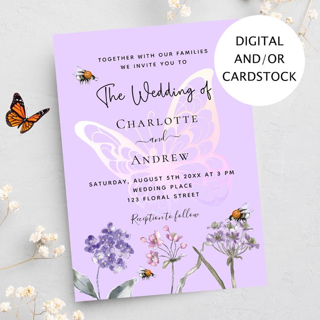 Invitación Boda de mariposa rosa violeta con flores silvestre (Subido por el creador)