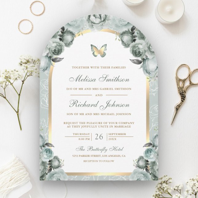 Invitación Boda de mariposa Sage Green Floral Gold Arch (Subido por el creador)