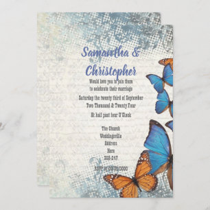 Invitación boda de mariposa y encaje azul vintage