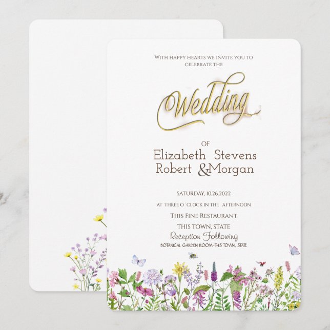Invitación Boda de mariposas acuarelas de flores silvestres (Anverso / Reverso)