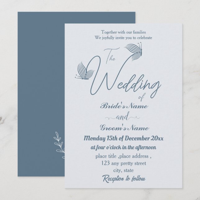 Invitación Boda de mariposas azules polvorientas (Anverso / Reverso)