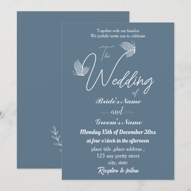 Invitación Boda de mariposas azules polvorientas (Anverso / Reverso)