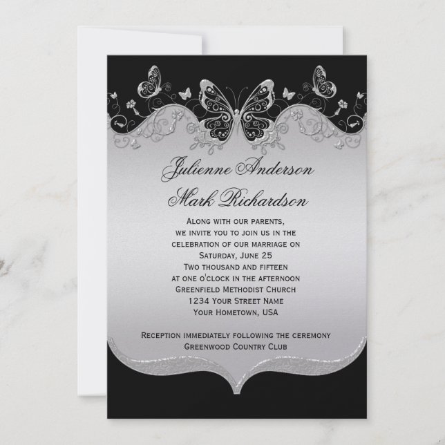 Invitación Boda de mariposas de color negro blanco (Anverso)